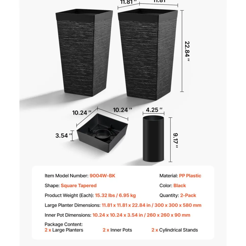 VEVOR Tall Planters Set of 2, 23 Inch Large Outdoor Taper Planters for Outdoor Indoor Plants, Front Porch Plastic Modern Flower Pots with Casters, Inner Pot & Drainage Holes for Patio, Garden, Black