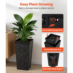 VEVOR Tall Planters Set of 2, 23 Inch Large Outdoor Taper Planters for Outdoor Indoor Plants, Front Porch Plastic Modern Flower Pots with Casters, Inner Pot & Drainage Holes for Patio, Garden, Black
