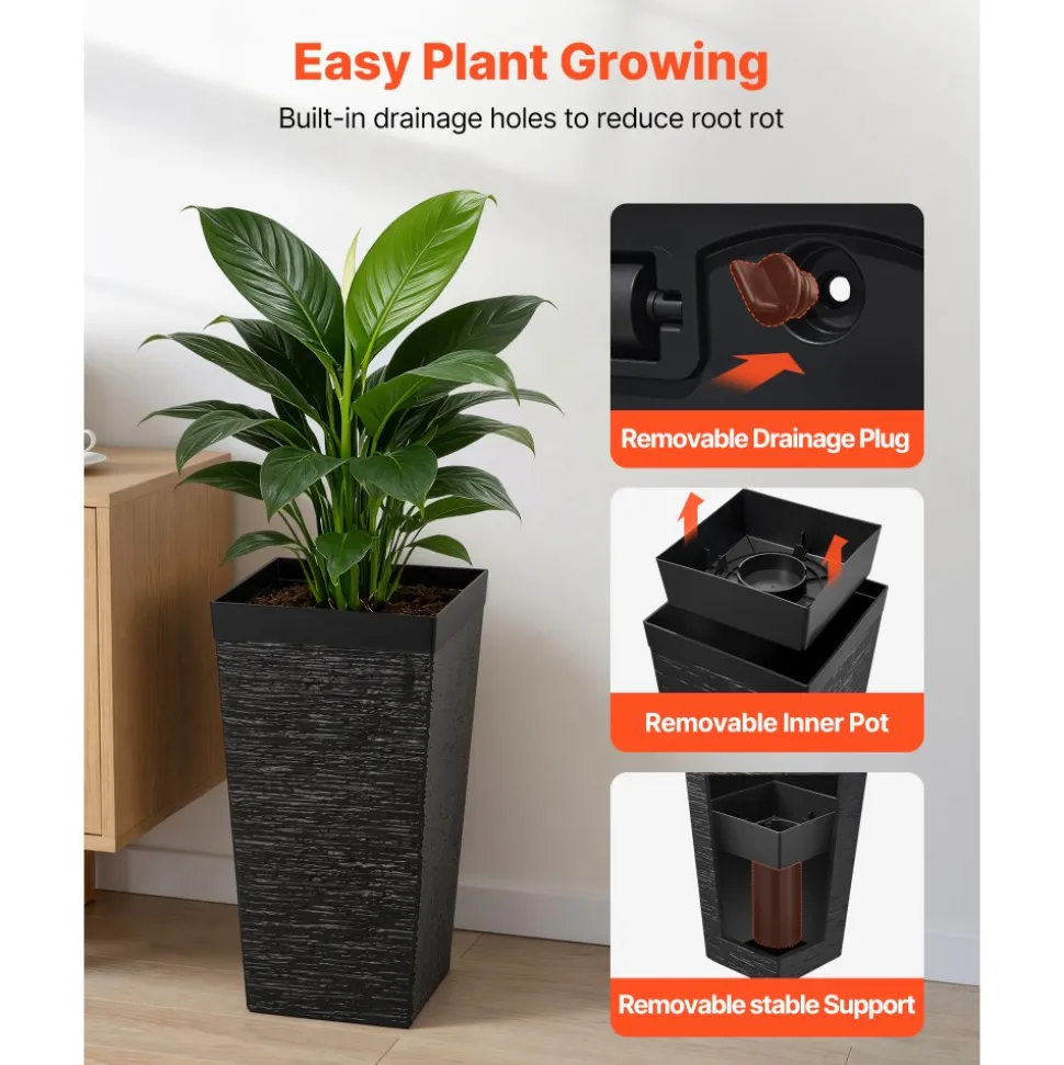 VEVOR Tall Planters Set of 2, 23 Inch Large Outdoor Taper Planters for Outdoor Indoor Plants, Front Porch Plastic Modern Flower Pots with Casters, Inner Pot & Drainage Holes for Patio, Garden, Black