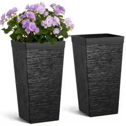 VEVOR Tall Planters Set of 2, 23 Inch Large Outdoor Taper Planters for Outdoor Indoor Plants, Front Porch Plastic Modern Flower Pots with Casters, Inner Pot & Drainage Holes for Patio, Garden, Black