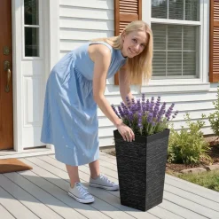 VEVOR Tall Planters Set of 2, 23 Inch Large Outdoor Taper Planters for Outdoor Indoor Plants, Front Porch Plastic Modern Flower Pots with Casters, Inner Pot & Drainage Holes for Patio, Garden, Black