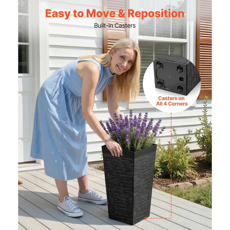 VEVOR Tall Planters Set of 2, 23 Inch Large Outdoor Taper Planters for Outdoor Indoor Plants, Front Porch Plastic Modern Flower Pots with Casters, Inner Pot & Drainage Holes for Patio, Garden, Black