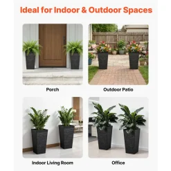 VEVOR Tall Planters Set of 2, 23 Inch Large Outdoor Taper Planters for Outdoor Indoor Plants, Front Porch Plastic Modern Flower Pots with Casters, Inner Pot & Drainage Holes for Patio, Garden, Black