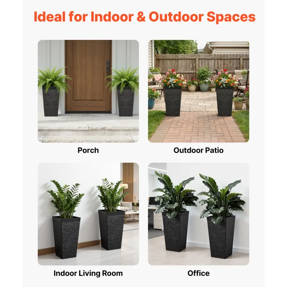 VEVOR Tall Planters Set of 2, 23 Inch Large Outdoor Taper Planters for Outdoor Indoor Plants, Front Porch Plastic Modern Flower Pots with Casters, Inner Pot & Drainage Holes for Patio, Garden, Black