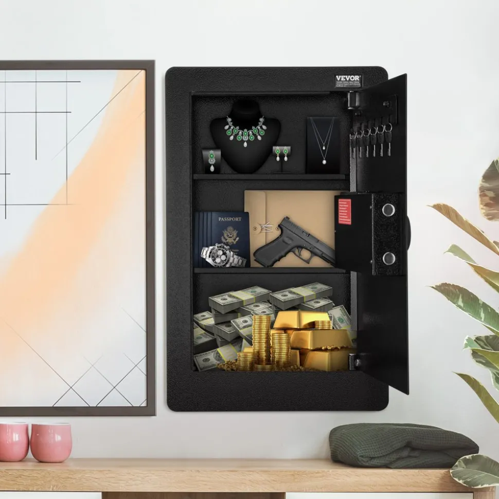 VEVOR 25.59" Tall Wall Safe, 3-Tier Hidden Wall Safe with Keypad, 3 Removable Shelves & 6 Key Holders, Q235 Cold-Rolled Steel In Wall Safe with LED Light & Vibration Alarm for Money, Jewelry, Passport