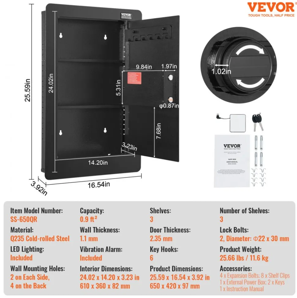 VEVOR 25.59" Tall Wall Safe, 3-Tier Hidden Wall Safe with Keypad, 3 Removable Shelves & 6 Key Holders, Q235 Cold-Rolled Steel In Wall Safe with LED Light & Vibration Alarm for Money, Jewelry, Passport