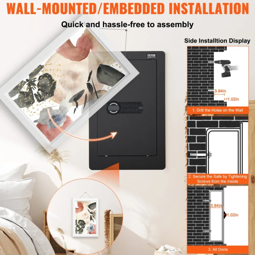 VEVOR 25.59" Tall Wall Safe, 3-Tier Hidden Wall Safe with Keypad, 3 Removable Shelves & 6 Key Holders, Q235 Cold-Rolled Steel In Wall Safe with LED Light & Vibration Alarm for Money, Jewelry, Passport