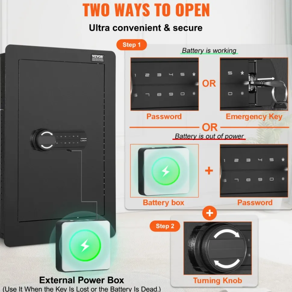 VEVOR 25.59" Tall Wall Safe, 3-Tier Hidden Wall Safe with Keypad, 3 Removable Shelves & 6 Key Holders, Q235 Cold-Rolled Steel In Wall Safe with LED Light & Vibration Alarm for Money, Jewelry, Passport