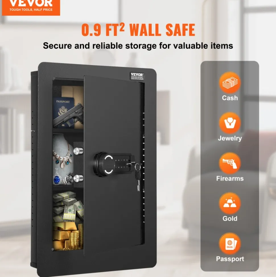 VEVOR 25.59" Tall Wall Safe, 3-Tier Hidden Wall Safe with Keypad, 3 Removable Shelves & 6 Key Holders, Q235 Cold-Rolled Steel In Wall Safe with LED Light & Vibration Alarm for Money, Jewelry, Passport