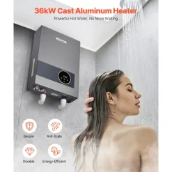 VEVOR Tankless Electric Water Heater, 36kW Instant Hot Water Heater Under Sink, On Demand for Bathroom, Kitchen, Office with LCD Touch Screen, Child Security Lock ,Space-Saving, 240V
