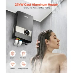 VEVOR Tankless Electric Water Heater, 27kW Instant Hot Water Heater Under Sink, On Demand for Bathroom, Kitchen, Office with LCD Touch Screen, Child Security Lock ,Space-Saving, 240V Black