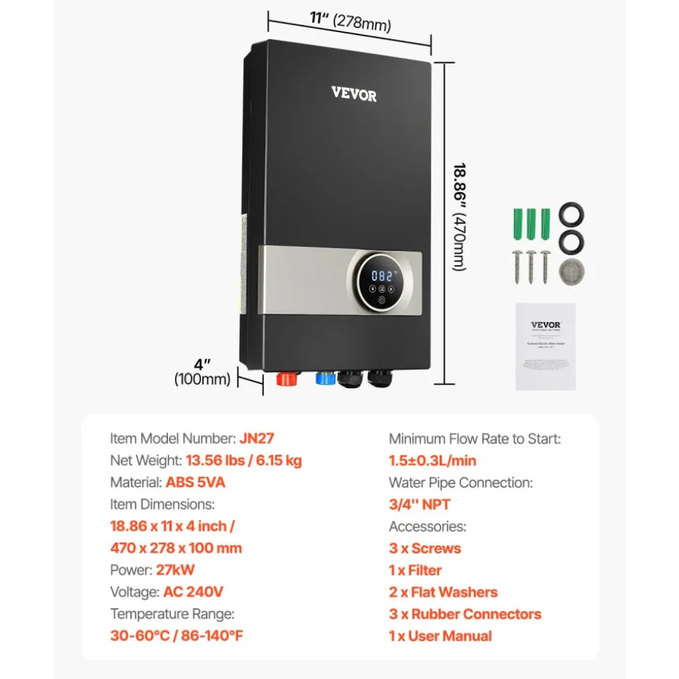 VEVOR Tankless Electric Water Heater, 27kW Instant Hot Water Heater Under Sink, On Demand for Bathroom, Kitchen, Office with LCD Touch Screen, Child Security Lock ,Space-Saving, 240V Black