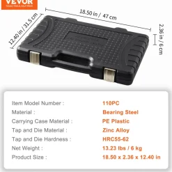 VEVOR Tap and Die Set, 110-Piece Include Metric Size M2 to M18, Bearing Steel Taps and Dies, Essential Threading Tool for Cutting External Internal Threads, with Complete Accessories and Storage Case