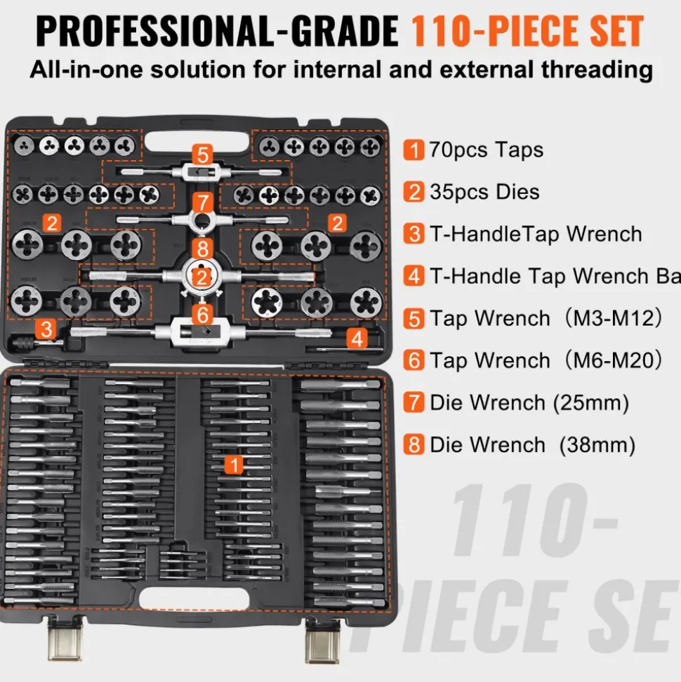 VEVOR Tap and Die Set, 110-Piece Include Metric Size M2 to M18, Bearing Steel Taps and Dies, Essential Threading Tool for Cutting External Internal Threads, with Complete Accessories and Storage Case