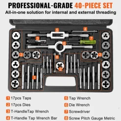 VEVOR Tap and Die Set, 40-Piece Include Metric Size M3 to M12, Bearing Steel Taps and Dies, Essential Threading Tool for Cutting External Internal Threads, with Complete Accessories and Storage Case