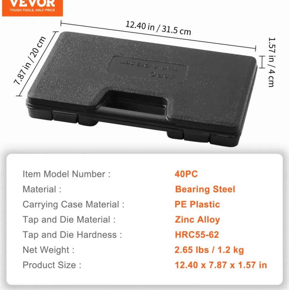 VEVOR Tap and Die Set, 40-Piece Include Metric Size M3 to M12, Bearing Steel Taps and Dies, Essential Threading Tool for Cutting External Internal Threads, with Complete Accessories and Storage Case