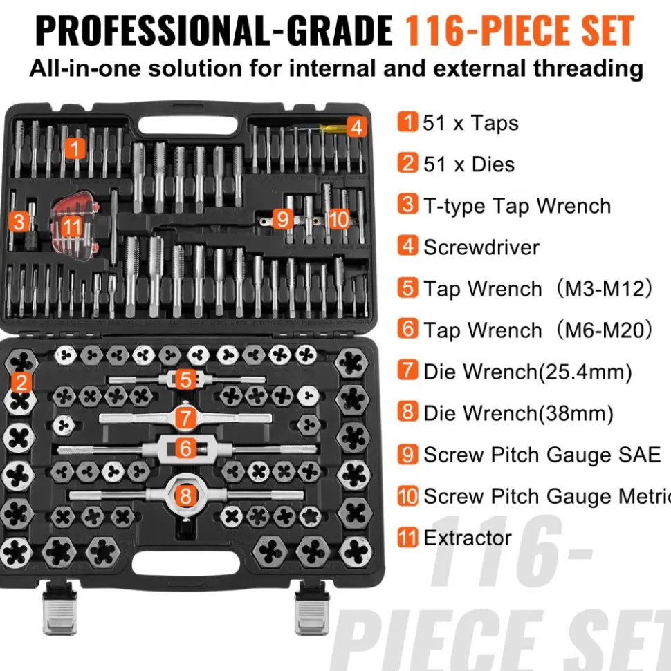 VEVOR Tap and Die Set, 116-Piece Include Metric and SAE Size, Bearing Steel Taps and Dies, Essential Threading Tool for Cutting External Internal Threads, with Complete Accessories and Storage Case