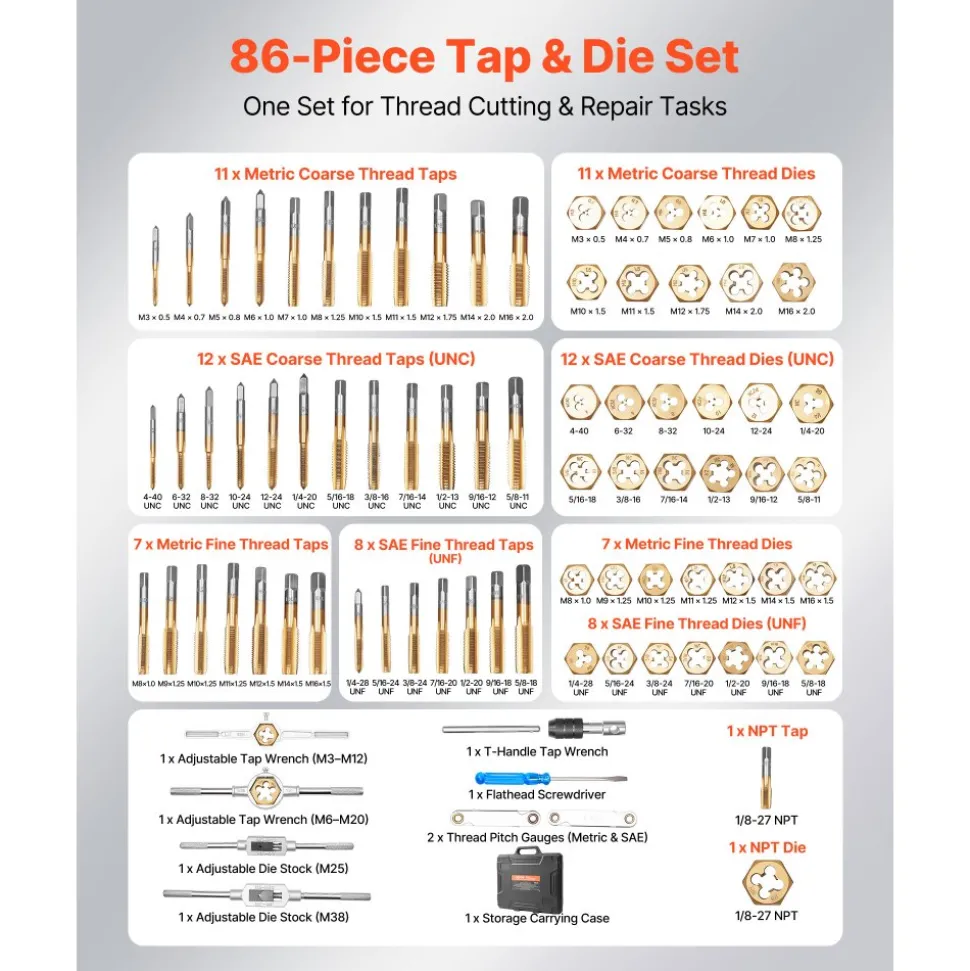 VEVOR Tap and Die Set, 86-Piece Metric and SAE Sizes M3 to M12, #4 to 5/8", with Coarse and Fine Thread Taps and Dies, Wrench, Carrying Case and Complete Accessories, for Threading and Rethreading