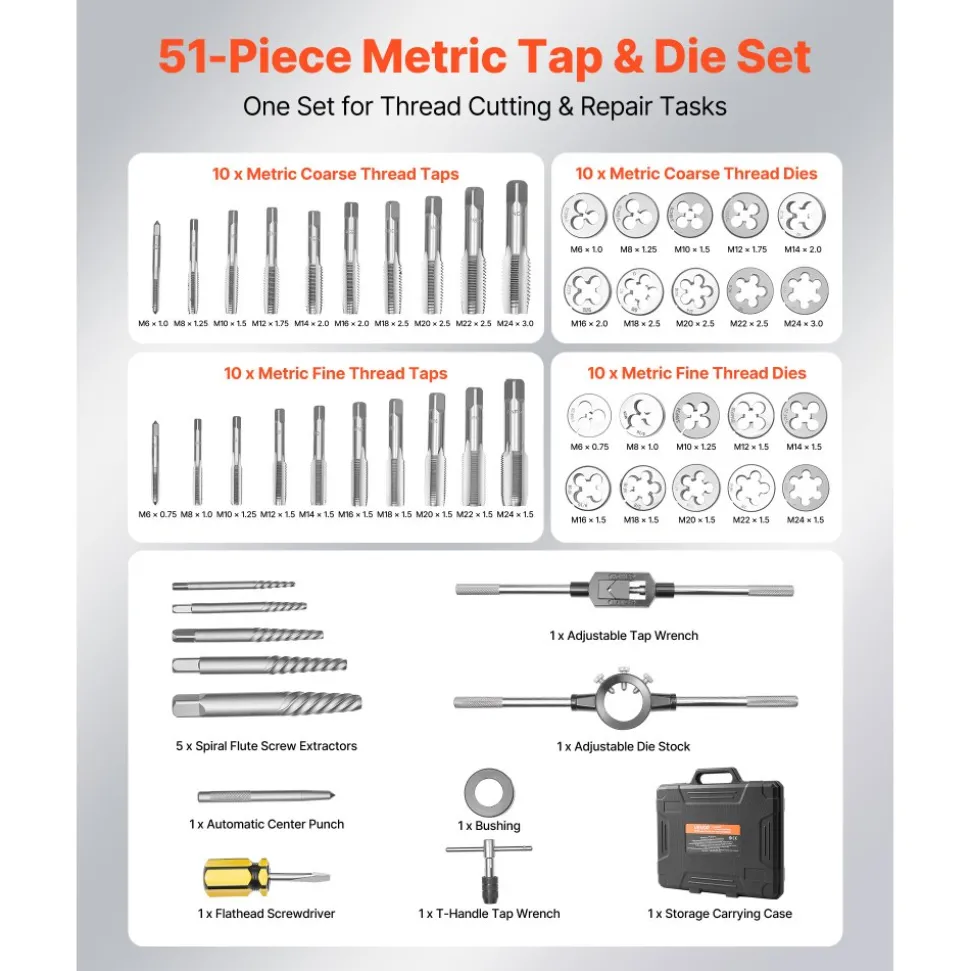 VEVOR Tap and Die Set, 51-Piece Metric Sizes M6 to M24, with Coarse and Fine Thread Taps and Dies, Wrench, Carrying Case and Complete Accessories, Bearing Steel, for Threading and Rethreading Threads