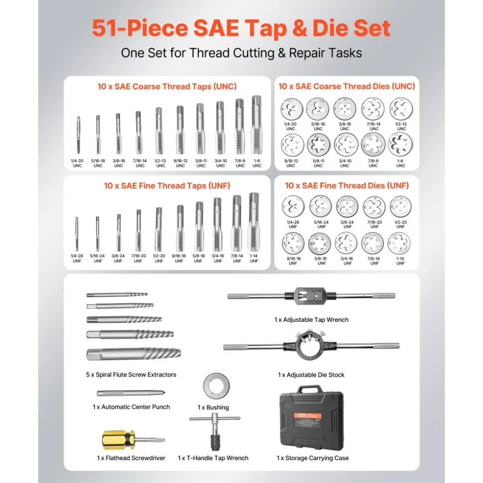 VEVOR Tap and Die Set, 51-Piece SAE Sizes 1/4" to 1", with Coarse and Fine Thread Taps and Dies, Wrench, Carrying Case and Complete Accessories, Bearing Steel, for Threading and Rethreading Threads
