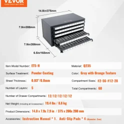 VEVOR Tap Dispenser Cabinet, Five-Drawer Tap Organizer Cabinet for #2-56-#12-28 Steel Tap Dispenser Organizer Cabinet with Labels, 60-Compartment Stackable Tap Cabinet for Tap Storage