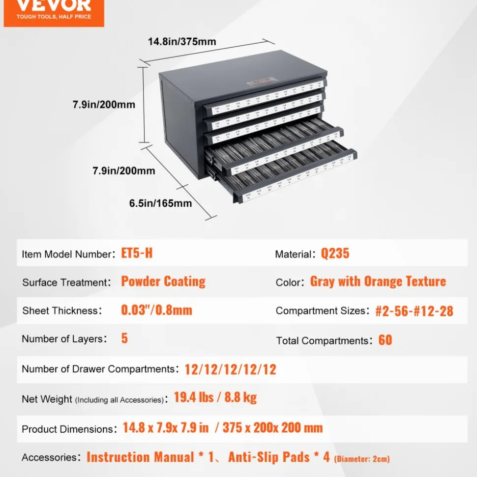 VEVOR Tap Dispenser Cabinet, Five-Drawer Tap Organizer Cabinet for #2-56-#12-28 Steel Tap Dispenser Organizer Cabinet with Labels, 60-Compartment Stackable Tap Cabinet for Tap Storage