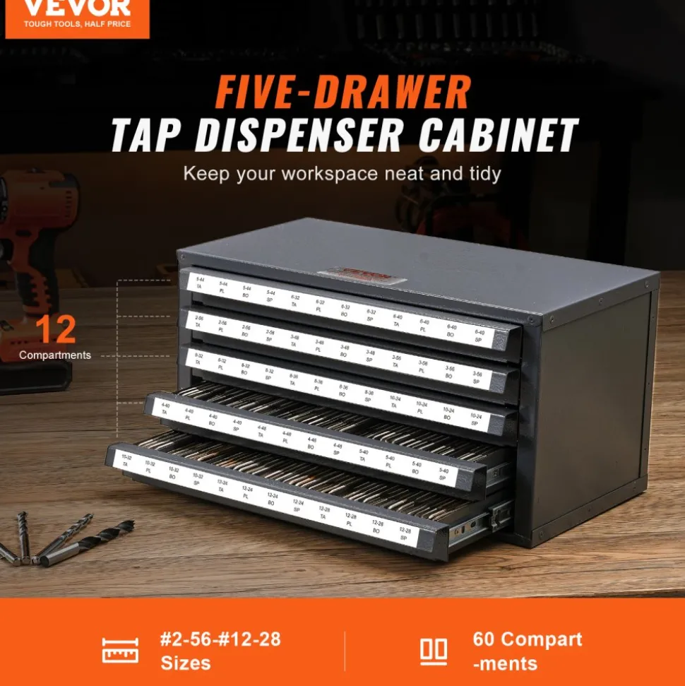 VEVOR Tap Dispenser Cabinet, Five-Drawer Tap Organizer Cabinet for #2-56-#12-28 Steel Tap Dispenser Organizer Cabinet with Labels, 60-Compartment Stackable Tap Cabinet for Tap Storage