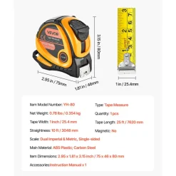 VEVOR Tape Measure 25 ft Length, Measuring Tape with Retractable, Imperial and Metric ft/m Dual-Scale & ABS Case & Easy Read Steel Measurement Tool, for Outdoor,Decoration