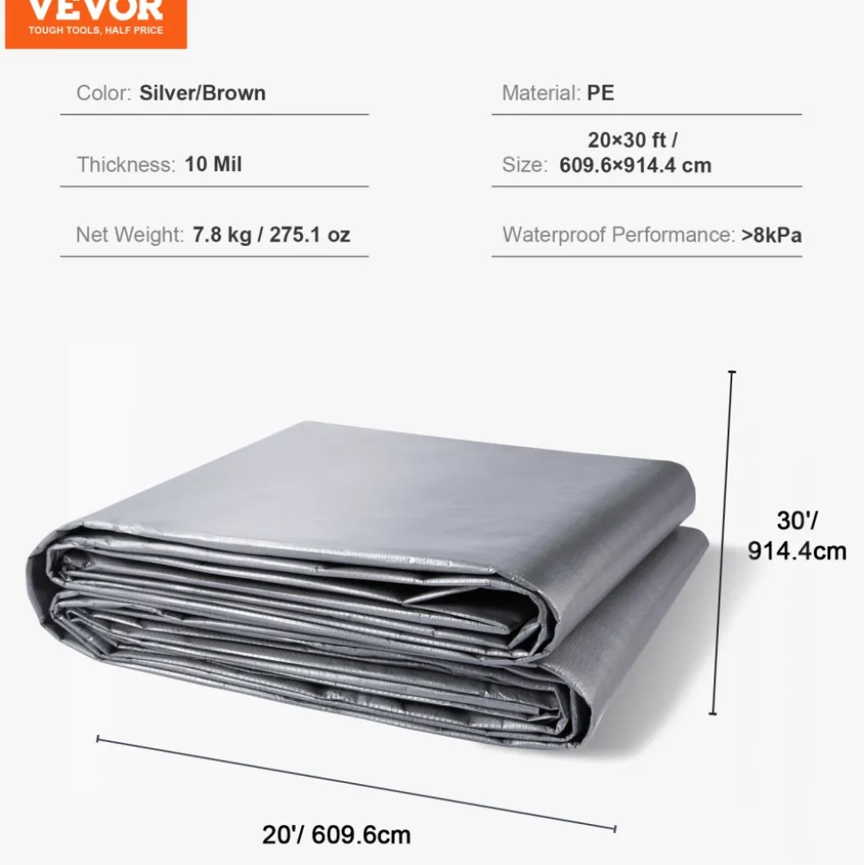 VEVOR Tarp Heavy Duty Waterproof 20x30 ft, Plastic Poly Tarp Cover 10 Mil, Multi Purpose Tear UV and Temperature Resistant Outdoor Tarpaulin with High Durability Reinforced Grommets (Silver/Brown)