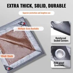 VEVOR Tarp Waterproof 16x20 ft, Plastic Poly Tarp Cover 10 Mil, Multi Purpose Tear UV and Temperature Resistant Outdoor Tarpaulin with High Durability Reinforced Grommets (Silver/Brown)