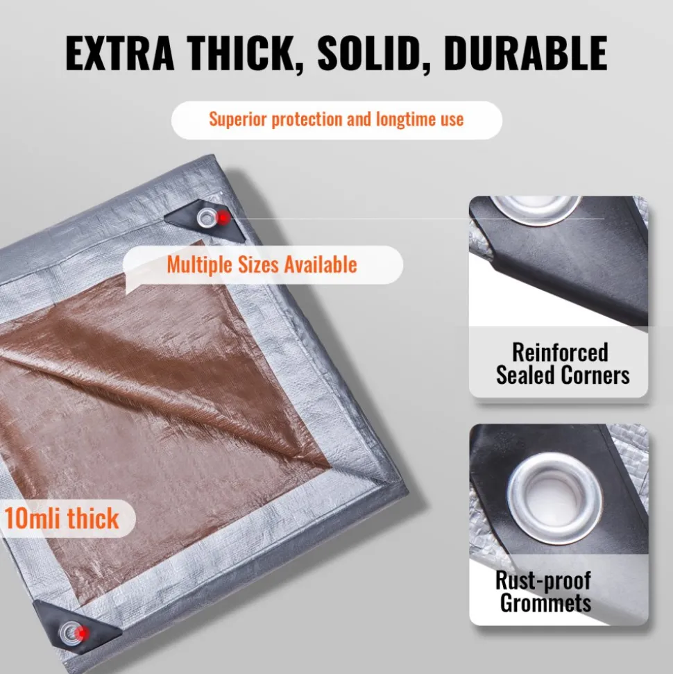 VEVOR Tarp Waterproof 16x20 ft, Plastic Poly Tarp Cover 10 Mil, Multi Purpose Tear UV and Temperature Resistant Outdoor Tarpaulin with High Durability Reinforced Grommets (Silver/Brown)