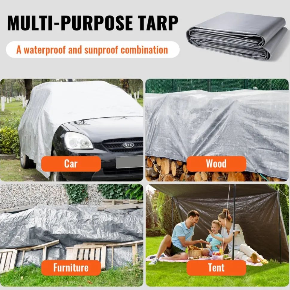 VEVOR Tarp Waterproof 16x20 ft, Plastic Poly Tarp Cover 10 Mil, Multi Purpose Tear UV and Temperature Resistant Outdoor Tarpaulin with High Durability Reinforced Grommets (Silver/Brown)