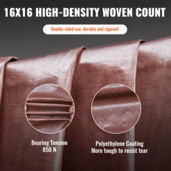VEVOR Tarp 20x40 ft 16 Mil Extra Thick, Waterproof Poly Plastic Tarps Cover, Multi-Purpose Outdoor Tarpaulin with Grommets & Reinforced Edges for Truck, RV, Boat, Camping (Brown)