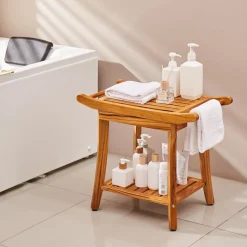 VEVOR Teak Shower Bench, 22 x 14.4 x 18.5 in, Waterproof Wood Shower Stool with Storage Shelf Handle Non-Slip Feet, 300 lbs Maximum Load Capacity Shower Chair Seat, for Bathroom Indoor and Outdoor Use