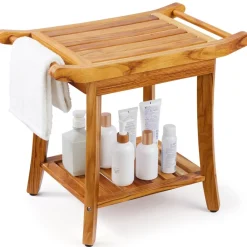 VEVOR Teak Shower Bench, 22 x 14.4 x 18.5 in, Waterproof Wood Shower Stool with Storage Shelf Handle Non-Slip Feet, 300 lbs Maximum Load Capacity Shower Chair Seat, for Bathroom Indoor and Outdoor Use
