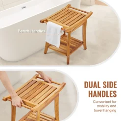 VEVOR Teak Shower Bench, 22 x 14.4 x 18.5 in, Waterproof Wood Shower Stool with Storage Shelf Handle Non-Slip Feet, 300 lbs Maximum Load Capacity Shower Chair Seat, for Bathroom Indoor and Outdoor Use