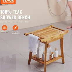 VEVOR Teak Shower Bench, 22 x 14.4 x 18.5 in, Waterproof Wood Shower Stool with Storage Shelf Handle Non-Slip Feet, 300 lbs Maximum Load Capacity Shower Chair Seat, for Bathroom Indoor and Outdoor Use
