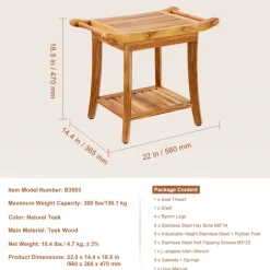 VEVOR Teak Shower Bench, 22 x 14.4 x 18.5 in, Waterproof Wood Shower Stool with Storage Shelf Handle Non-Slip Feet, 300 lbs Maximum Load Capacity Shower Chair Seat, for Bathroom Indoor and Outdoor Use