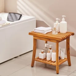 VEVOR Teak Shower Bench, 20 x 14.3 x 17.9 in, Waterproof Wood Shower Stool with Storage Shelf Non-Slip Foot Pads, 400 lbs Maximum Load Capacity Shower Chair Seat, for Bathroom Indoor and Outdoor Use