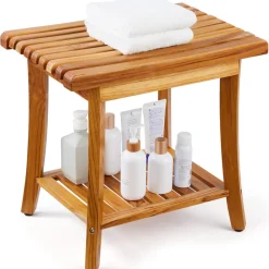 VEVOR Teak Shower Bench, 20 x 14.3 x 17.9 in, Waterproof Wood Shower Stool with Storage Shelf Non-Slip Foot Pads, 400 lbs Maximum Load Capacity Shower Chair Seat, for Bathroom Indoor and Outdoor Use