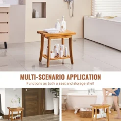 VEVOR Teak Shower Bench, 20 x 14.3 x 17.9 in, Waterproof Wood Shower Stool with Storage Shelf Non-Slip Foot Pads, 400 lbs Maximum Load Capacity Shower Chair Seat, for Bathroom Indoor and Outdoor Use