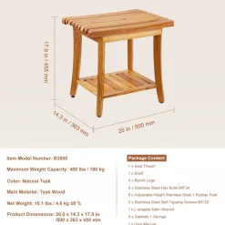 VEVOR Teak Shower Bench, 20 x 14.3 x 17.9 in, Waterproof Wood Shower Stool with Storage Shelf Non-Slip Foot Pads, 400 lbs Maximum Load Capacity Shower Chair Seat, for Bathroom Indoor and Outdoor Use