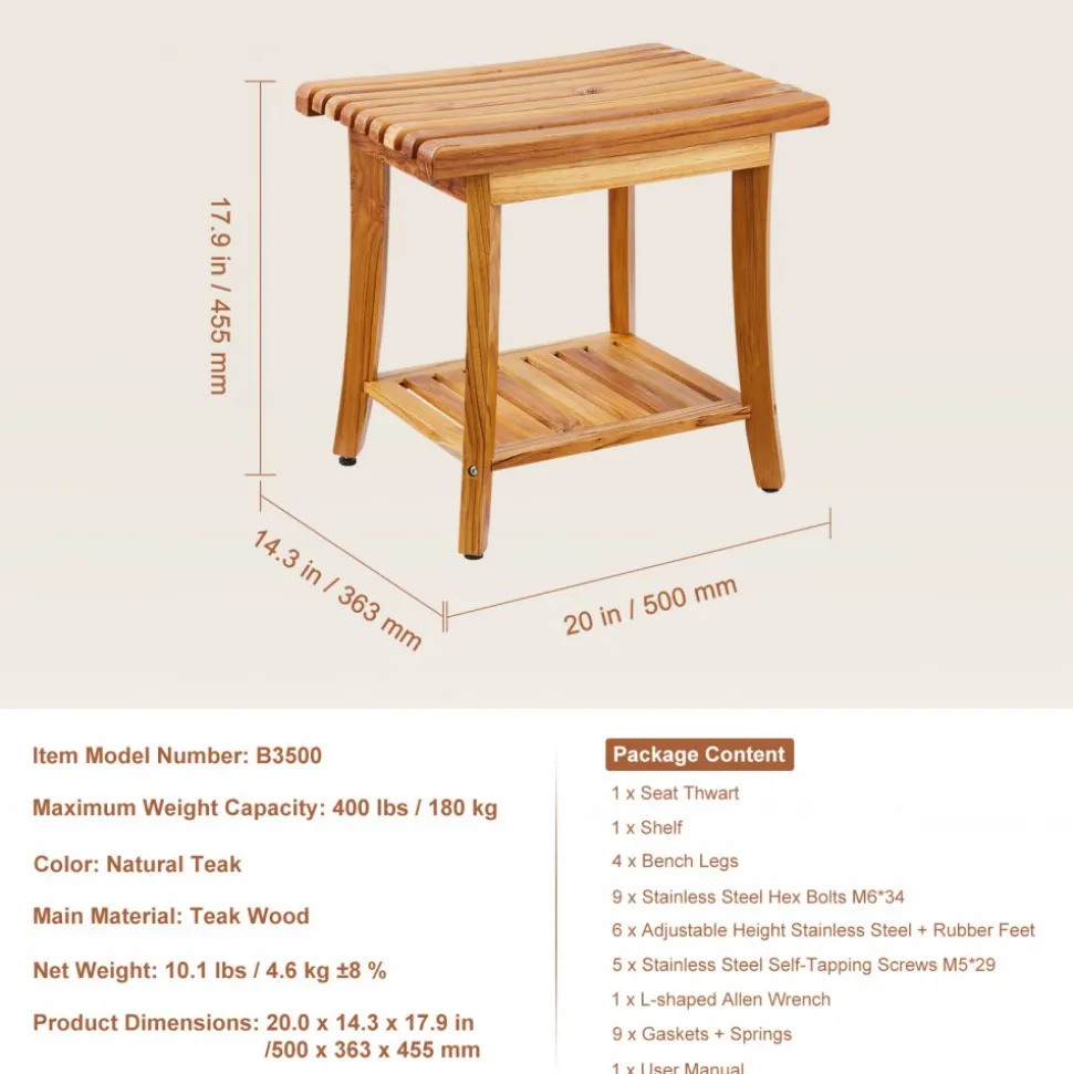 VEVOR Teak Shower Bench, 20 x 14.3 x 17.9 in, Waterproof Wood Shower Stool with Storage Shelf Non-Slip Foot Pads, 400 lbs Maximum Load Capacity Shower Chair Seat, for Bathroom Indoor and Outdoor Use