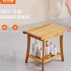 VEVOR Teak Shower Bench, 20 x 14.3 x 17.9 in, Waterproof Wood Shower Stool with Storage Shelf Non-Slip Foot Pads, 400 lbs Maximum Load Capacity Shower Chair Seat, for Bathroom Indoor and Outdoor Use