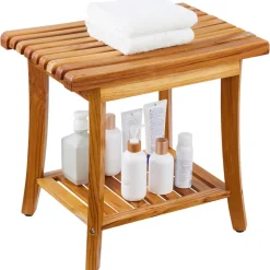 VEVOR Teak Shower Bench, 20 x 14.3 x 17.9 in, Waterproof Wood Shower Stool with Storage Shelf Non-Slip Foot Pads, 400 lbs Maximum Load Capacity Shower Chair Seat, for Bathroom Indoor and Outdoor Use