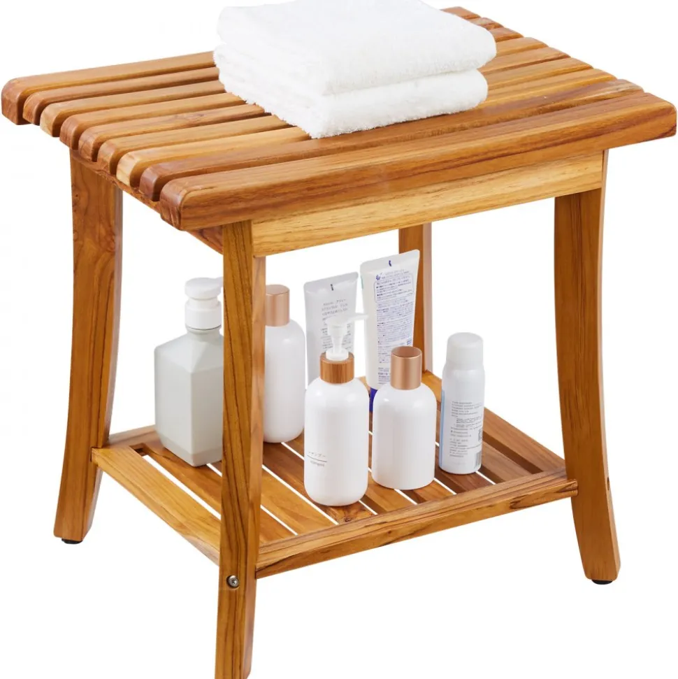 VEVOR Teak Shower Bench, 20 x 14.3 x 17.9 in, Waterproof Wood Shower Stool with Storage Shelf Non-Slip Foot Pads, 400 lbs Maximum Load Capacity Shower Chair Seat, for Bathroom Indoor and Outdoor Use
