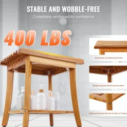 VEVOR Teak Shower Bench, 20 x 14.3 x 17.9 in, Waterproof Wood Shower Stool with Storage Shelf Non-Slip Foot Pads, 400 lbs Maximum Load Capacity Shower Chair Seat, for Bathroom Indoor and Outdoor Use