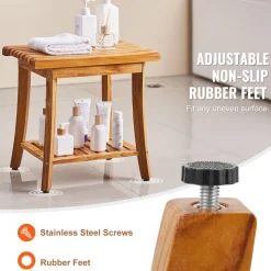 VEVOR Teak Shower Bench, 20 x 14.3 x 17.9 in, Waterproof Wood Shower Stool with Storage Shelf Non-Slip Foot Pads, 400 lbs Maximum Load Capacity Shower Chair Seat, for Bathroom Indoor and Outdoor Use