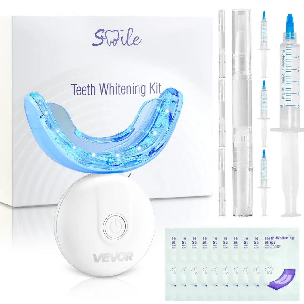VEVOR Teeth Whitening Kit with LED Light, 32 LED Accelerator Lights, Whitening Strips, Pens and Gel Syringes, U-Shaped Tray, Wireless Portable Kit Fast and Effectively Removes Stubborn Stains
