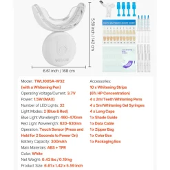 VEVOR Teeth Whitening Kit with LED Light, 32 LED Accelerator Lights, Whitening Strips, Pens and Gel Syringes, U-Shaped Tray, Wireless Portable Kit Fast and Effectively Removes Stubborn Stains